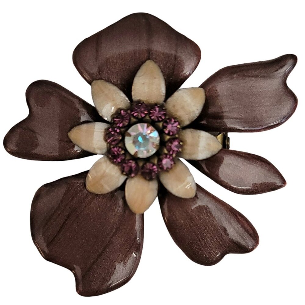 Liz Palacios Enamel Rhinestone Flower Brooch Pin, Signed